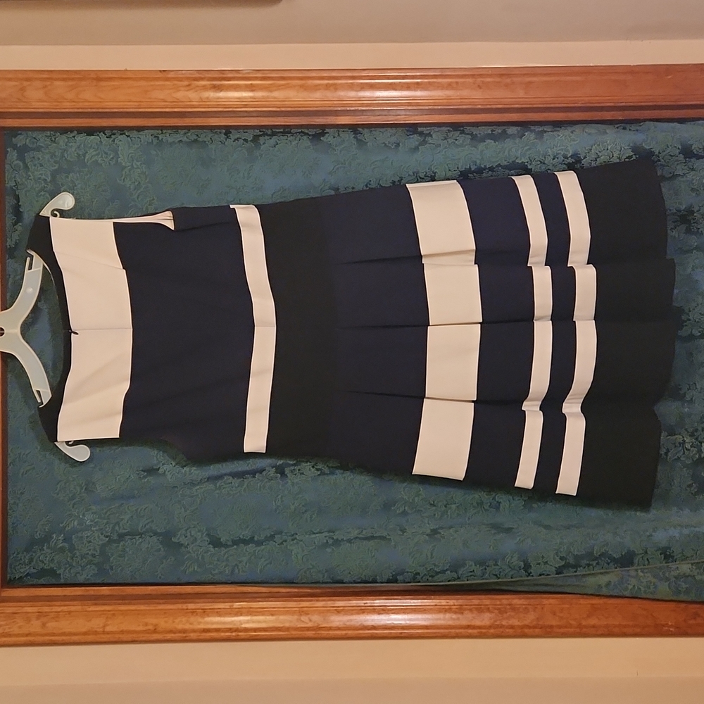 Ralph Lauren Navy White Striped Dress with Pleated Skirt Women's Size 14 - Picture 4 of 6